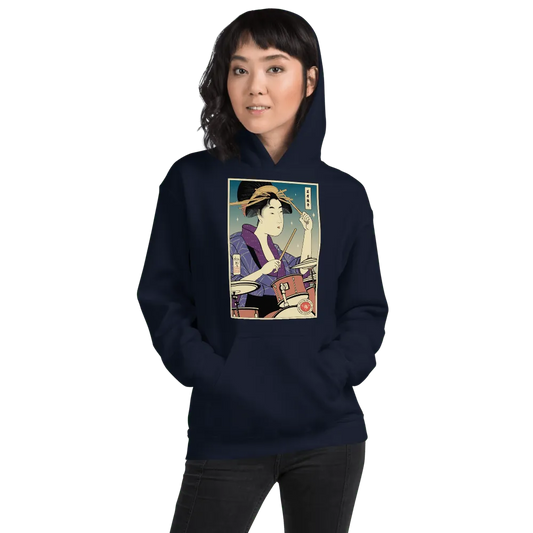 Geisha Drummer Percussion Music Japanese Ukiyo-e Front Unisex Hoodie - Navy / S