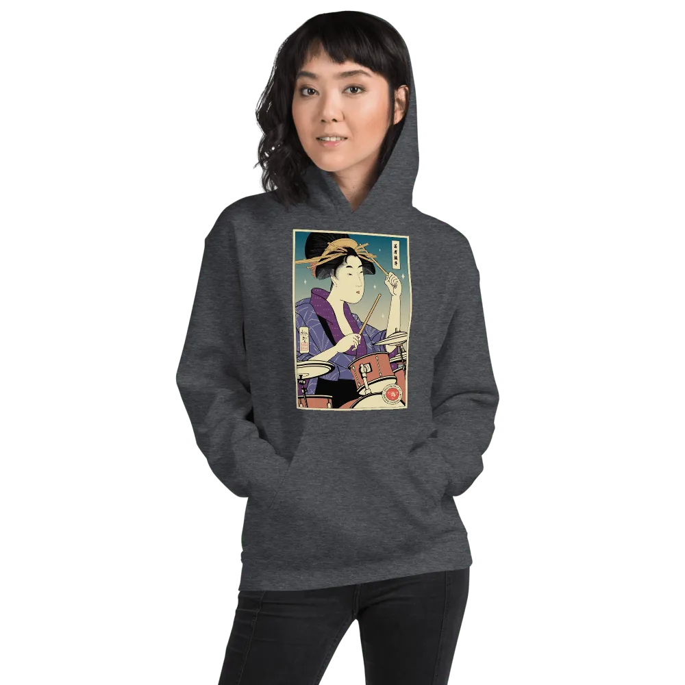 Geisha Drummer Percussion Music Japanese Ukiyo-e Front Unisex Hoodie - Dark Heather / S