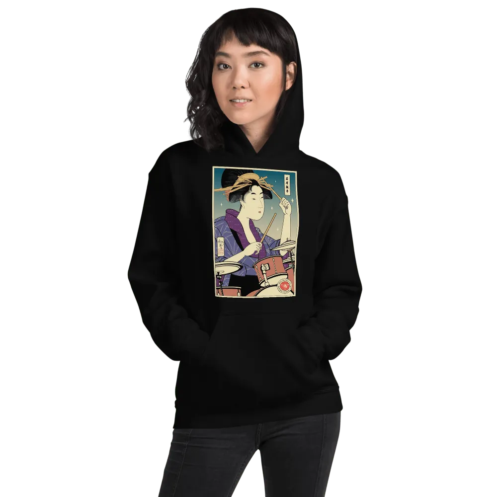 Geisha Drummer Percussion Music Japanese Ukiyo-e Front Unisex Hoodie - Black / S