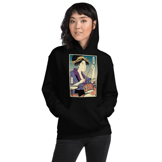 Geisha Drummer Percussion Music Japanese Ukiyo-e Front Unisex Hoodie - Black / S