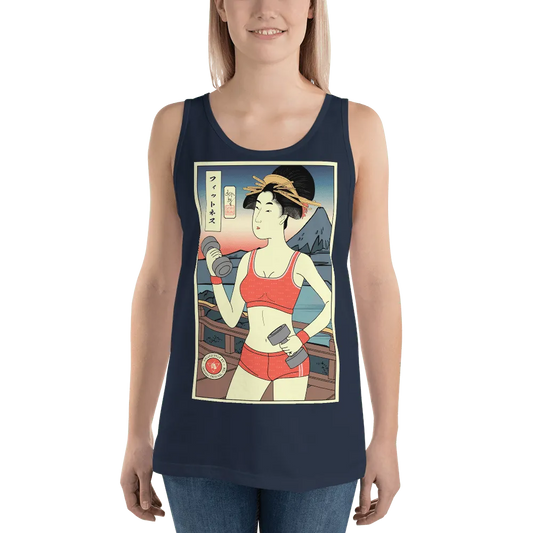 Geisha Fitness Gym Japanese Ukiyo-e Unisex Tank Top - Navy / XS