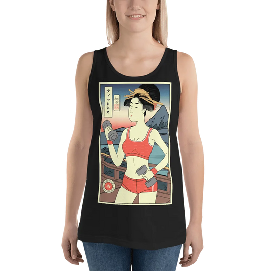 Geisha Fitness Gym Japanese Ukiyo-e Unisex Tank Top - Black / XS