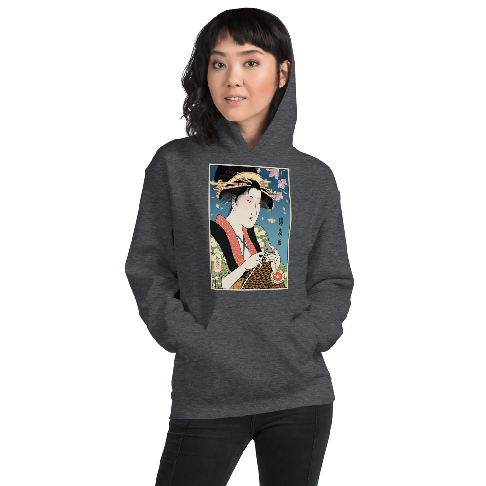 Geisha Knitting Mom Japanese Ukiyo-e Front Unisex Hoodie 2 - Dark Heather / S