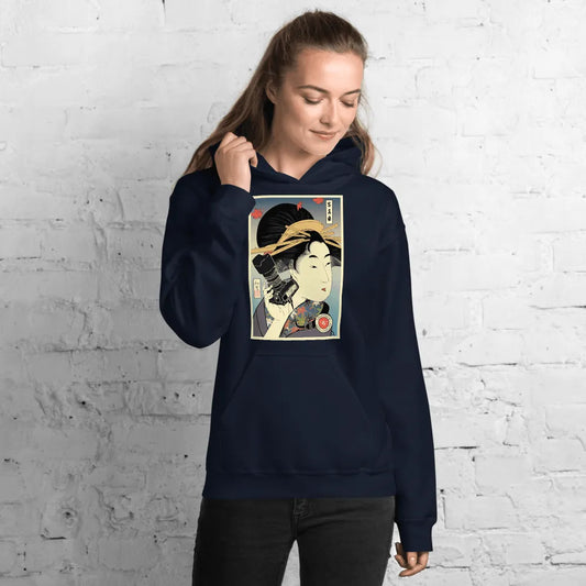 Geisha Photographer Camera Japanese Ukiyo-e Unisex Hoodie - Navy / S