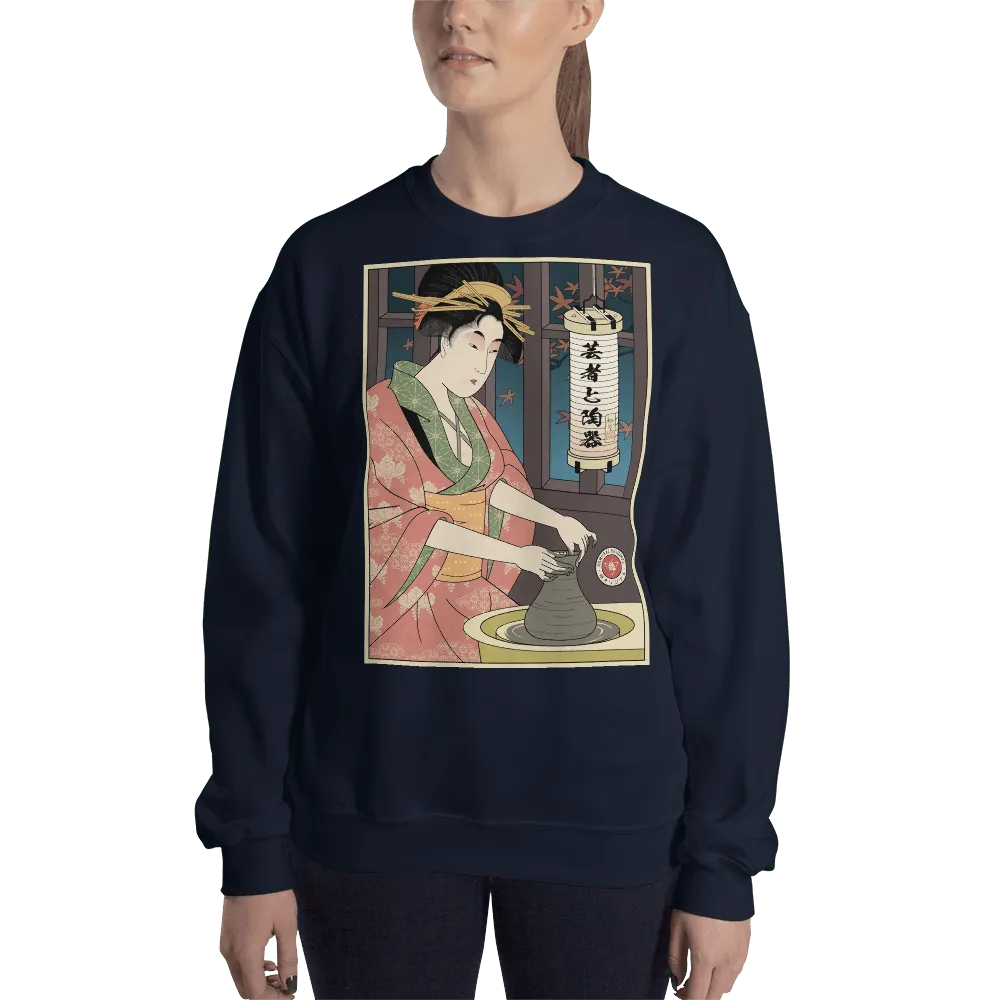 Geisha Pottery Artisan Japanese Ukiyo-e Unisex Sweatshirt - Navy / S