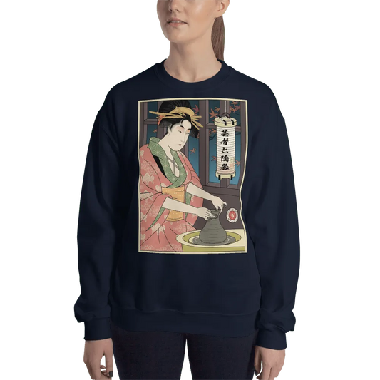 Geisha Pottery Artisan Japanese Ukiyo-e Unisex Sweatshirt - Navy / S