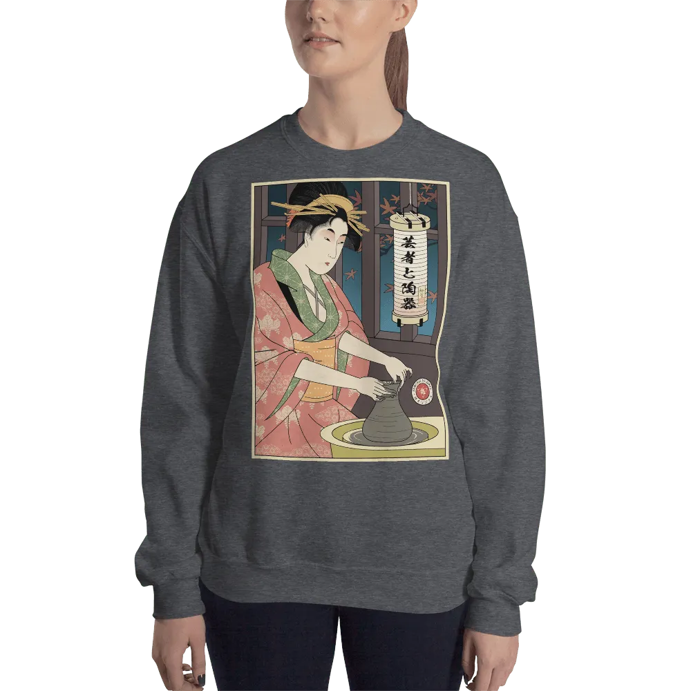 Geisha Pottery Artisan Japanese Ukiyo-e Unisex Sweatshirt - Dark Heather / S