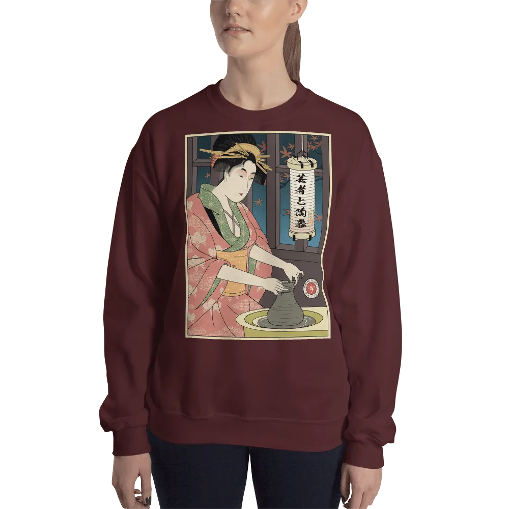 Geisha Pottery Artisan Japanese Ukiyo-e Unisex Sweatshirt - Maroon / S