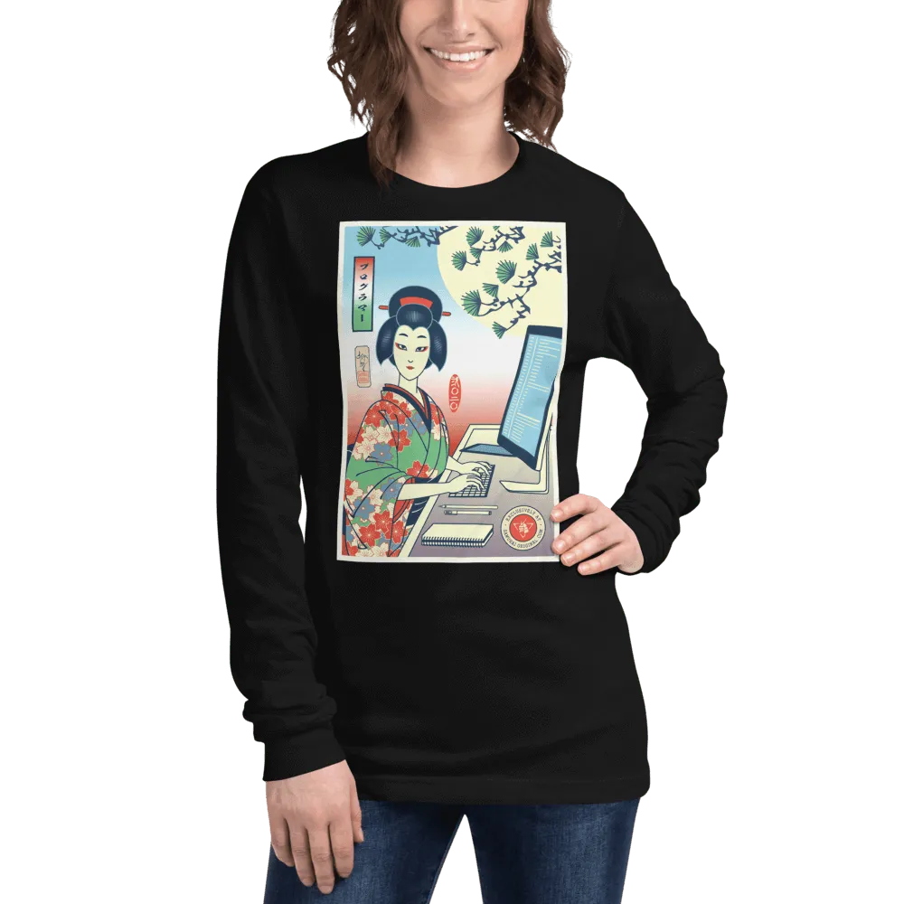 Geisha Programmer Computer Science Japanese Ukiyo-e Unisex Long Sleeve Tee - Black / XS