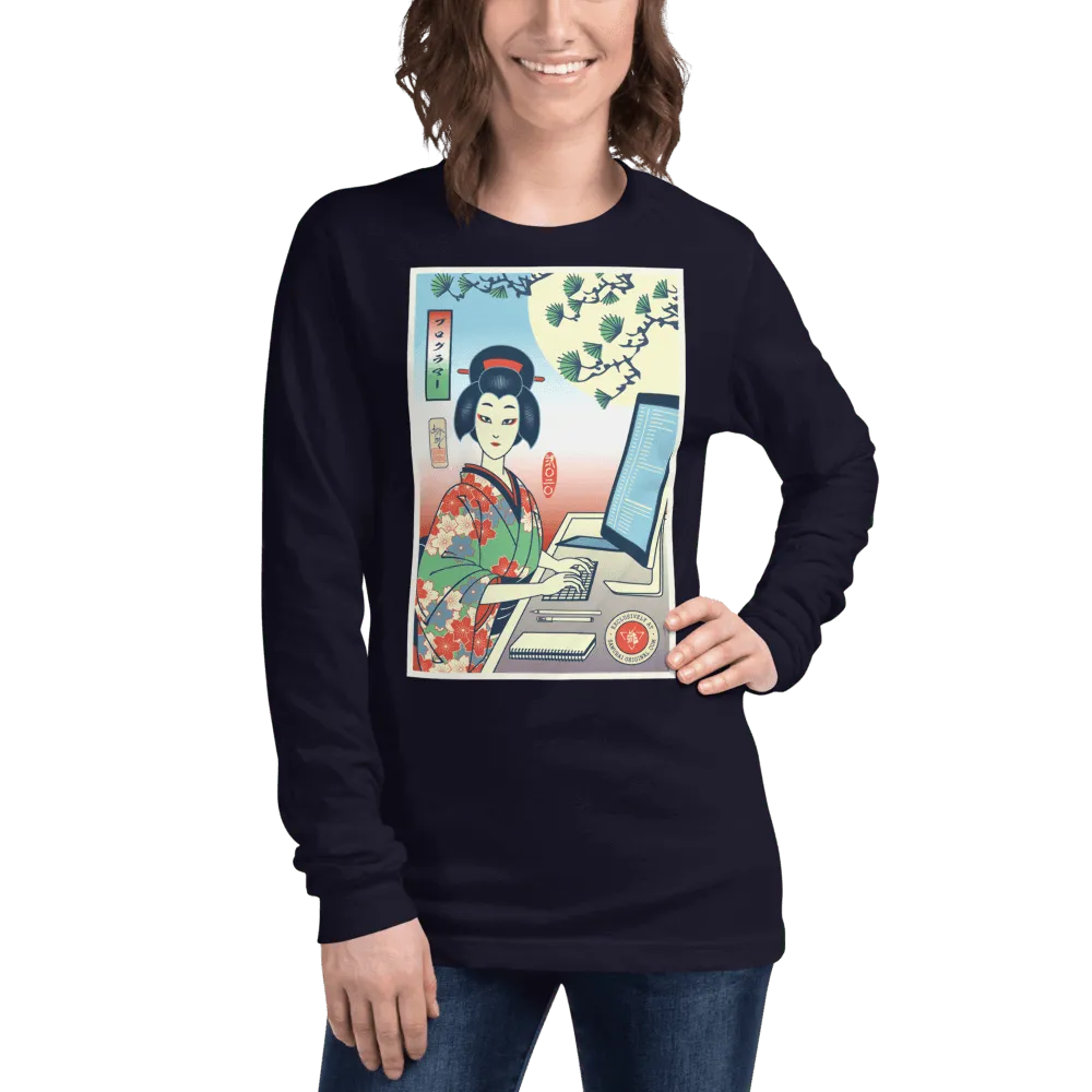 Geisha Programmer Computer Science Japanese Ukiyo-e Unisex Long Sleeve Tee - Navy / XS