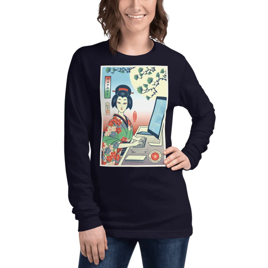 Geisha Programmer Computer Science Japanese Ukiyo-e Unisex Long Sleeve Tee - Navy / XS