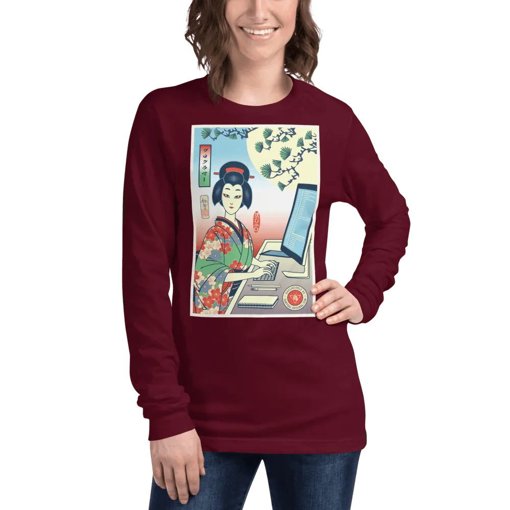 Geisha Programmer Computer Science Japanese Ukiyo-e Unisex Long Sleeve Tee - Maroon / XS