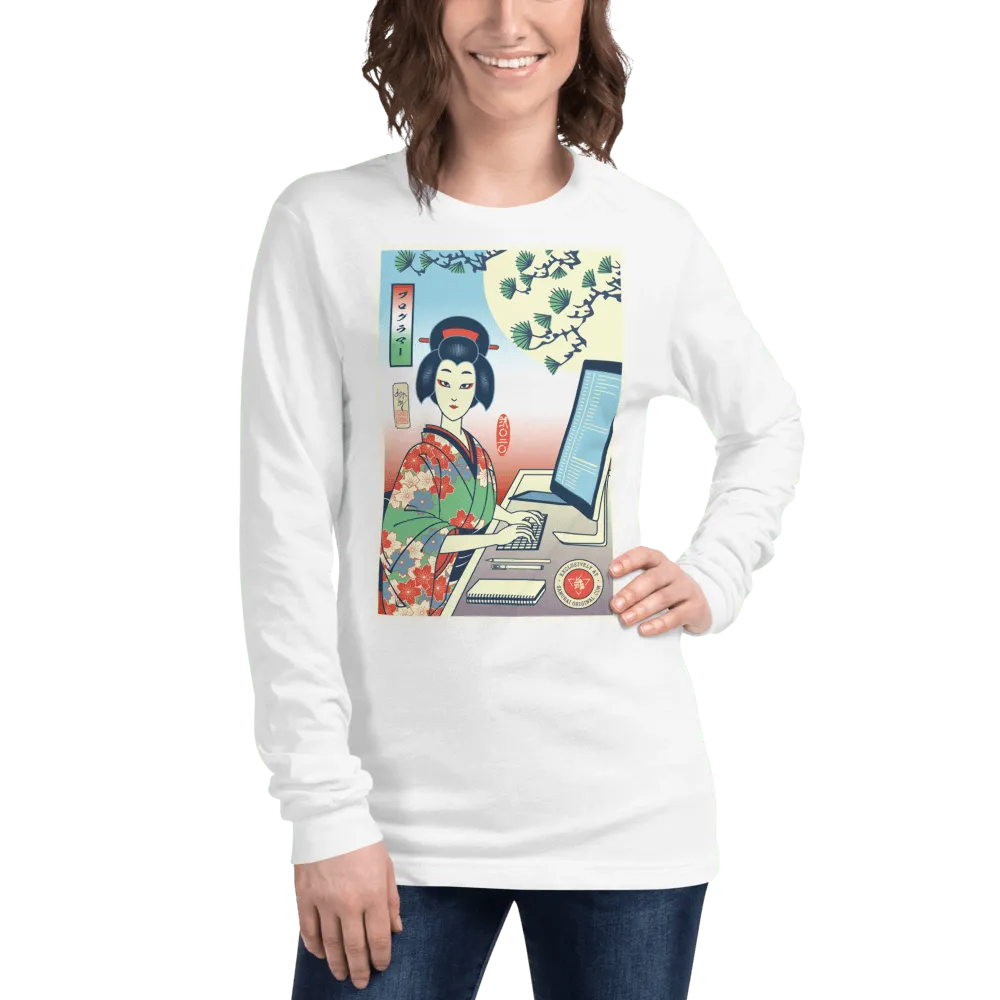 Geisha Programmer Computer Science Japanese Ukiyo-e Unisex Long Sleeve Tee - White / XS