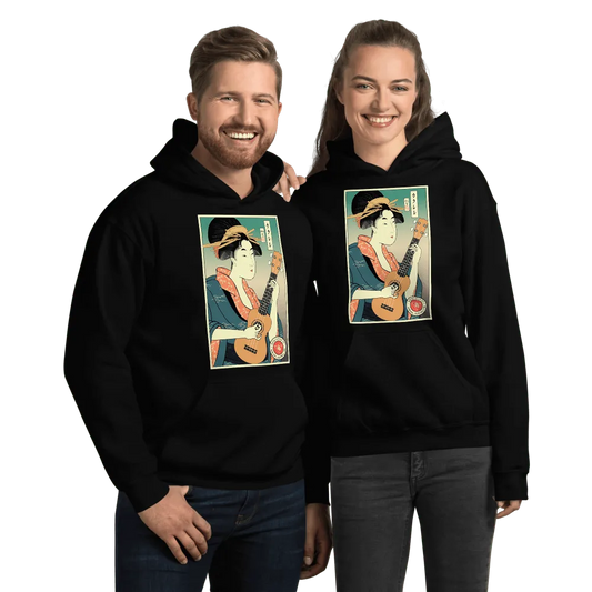 Geisha Ukulele Player String Instrument Japanese Ukiyo-e Unisex Hoodie - Black / S