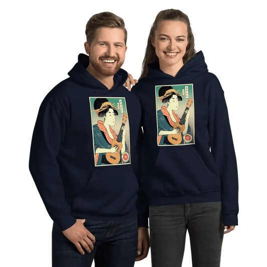 Geisha Ukulele Player String Instrument Japanese Ukiyo-e Unisex Hoodie - Navy / S