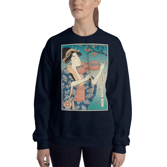 Geisha Violin Music Japanese Ukiyo-e Unisex Sweatshirt - Navy / S