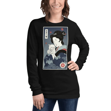 Geisha & Cat Funny Japanese Ukiyo-e Unisex Long Sleeve Tee - Black / XS