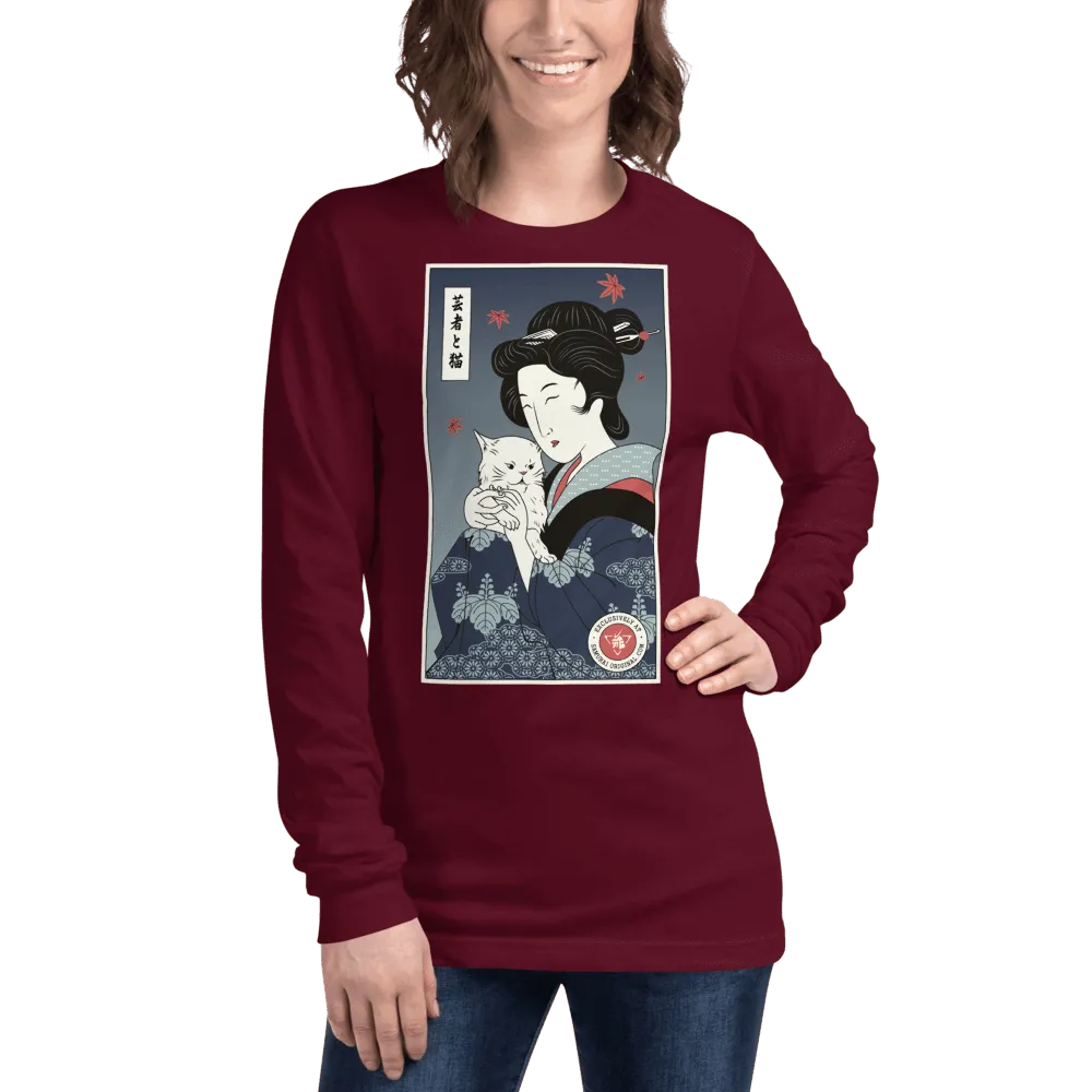 Geisha & Cat Funny Japanese Ukiyo-e Unisex Long Sleeve Tee - Maroon / XS