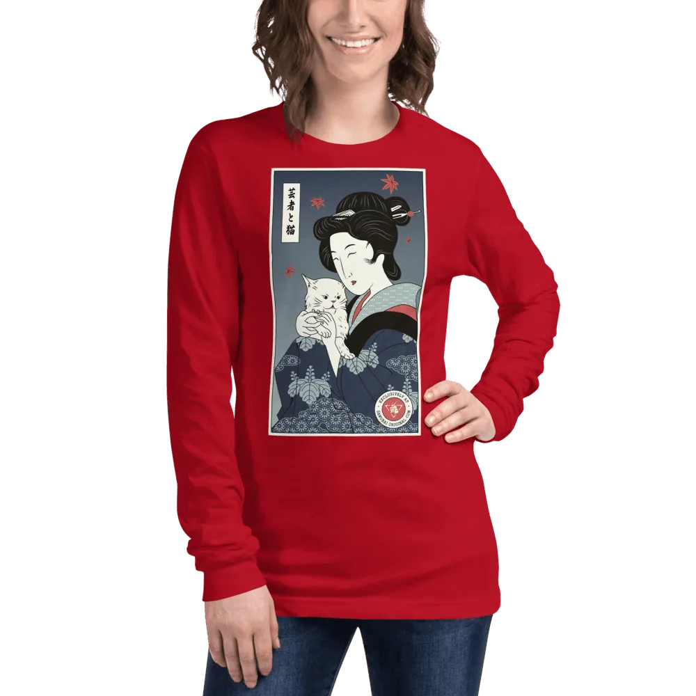 Geisha & Cat Funny Japanese Ukiyo-e Unisex Long Sleeve Tee - Red / XS