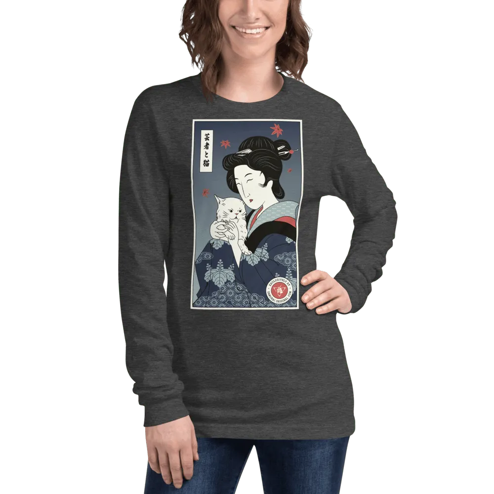 Geisha & Cat Funny Japanese Ukiyo-e Unisex Long Sleeve Tee - Dark Grey Heather / XS