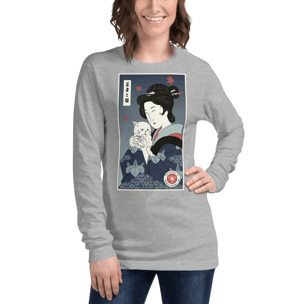 Geisha & Cat Funny Japanese Ukiyo-e Unisex Long Sleeve Tee - Athletic Heather / XS