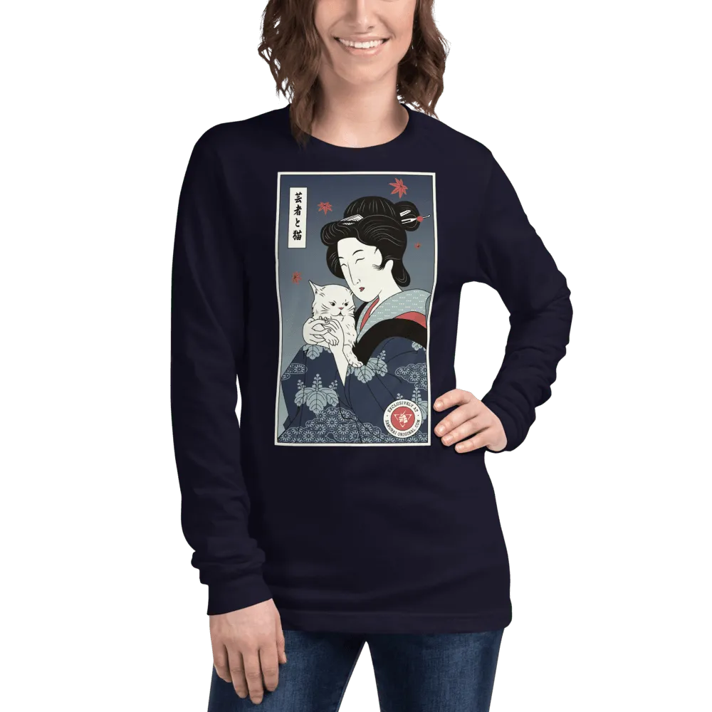 Geisha & Cat Funny Japanese Ukiyo-e Unisex Long Sleeve Tee - Navy / XS