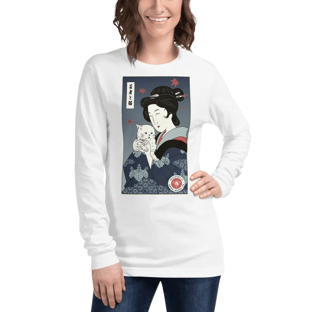 Geisha & Cat Funny Japanese Ukiyo-e Unisex Long Sleeve Tee - White / XS