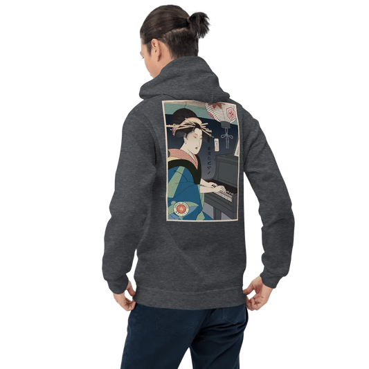 Geisha Piano Player Music Japanese Ukiyo-e Unisex Hoodie - Dark Heather / S