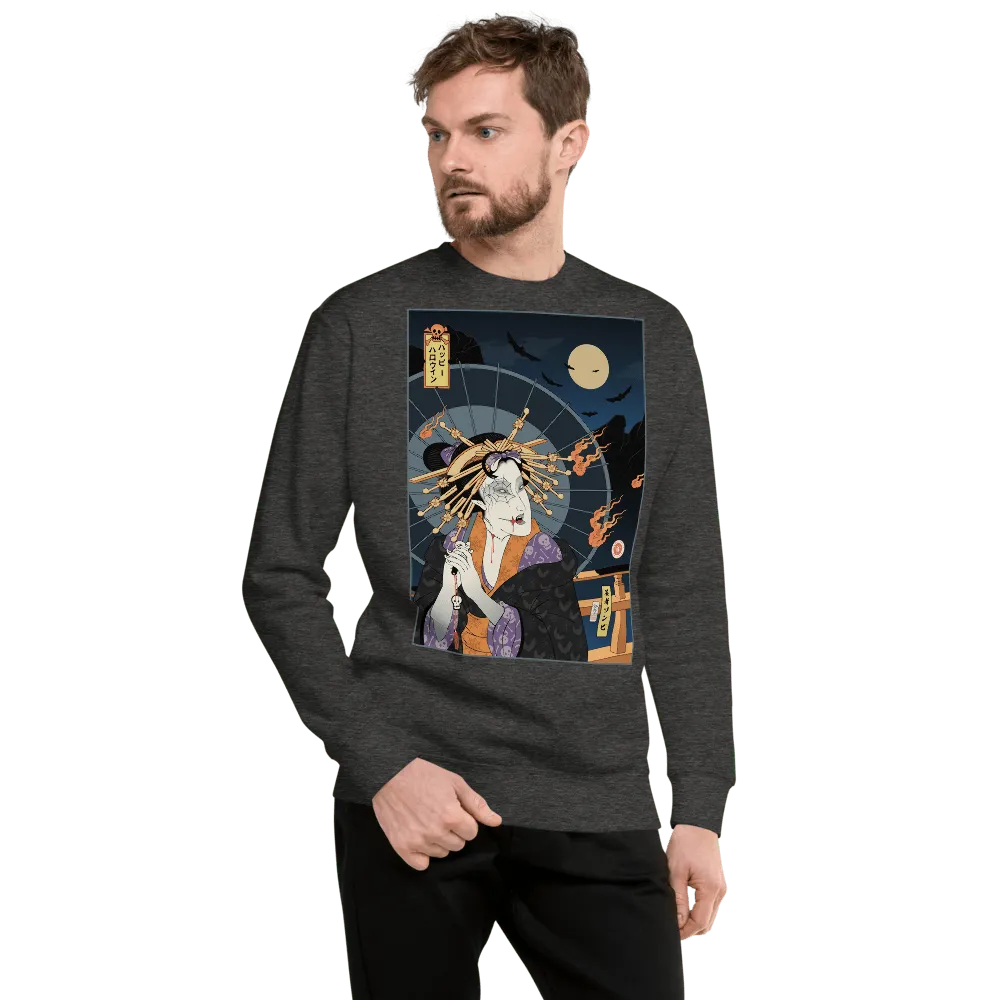 Halloween Geisha Zombies Japanese Ukiyo-e Unisex Premium Sweatshirt - Charcoal Heather / S