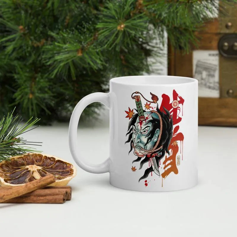 Halloween Namakubi Japanese Tattoo White Glossy Mug -