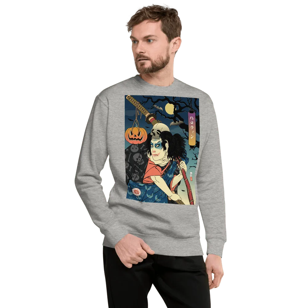 Halloween Samurai Joker Japanese Ukiyo-e Unisex Premium Sweatshirt - Carbon Grey / S