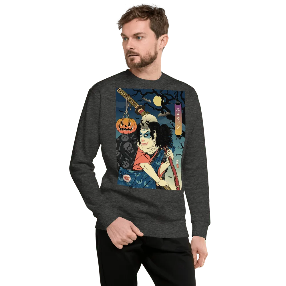 Halloween Samurai Joker Japanese Ukiyo-e Unisex Premium Sweatshirt - Charcoal Heather / S