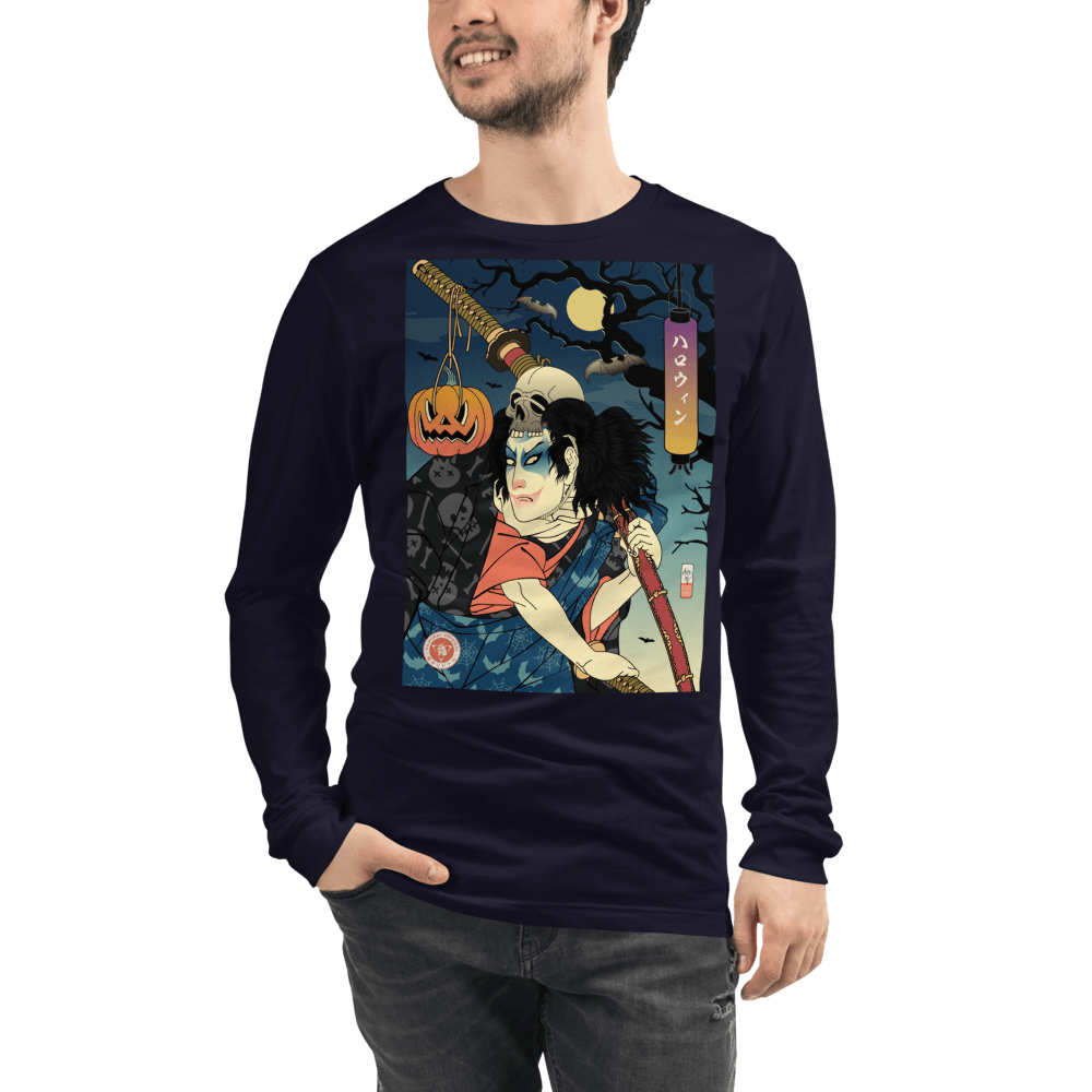 Halloween Samurai Joker Japanese Ukiyo-e Unisex Long Sleeve Tee - Navy / S