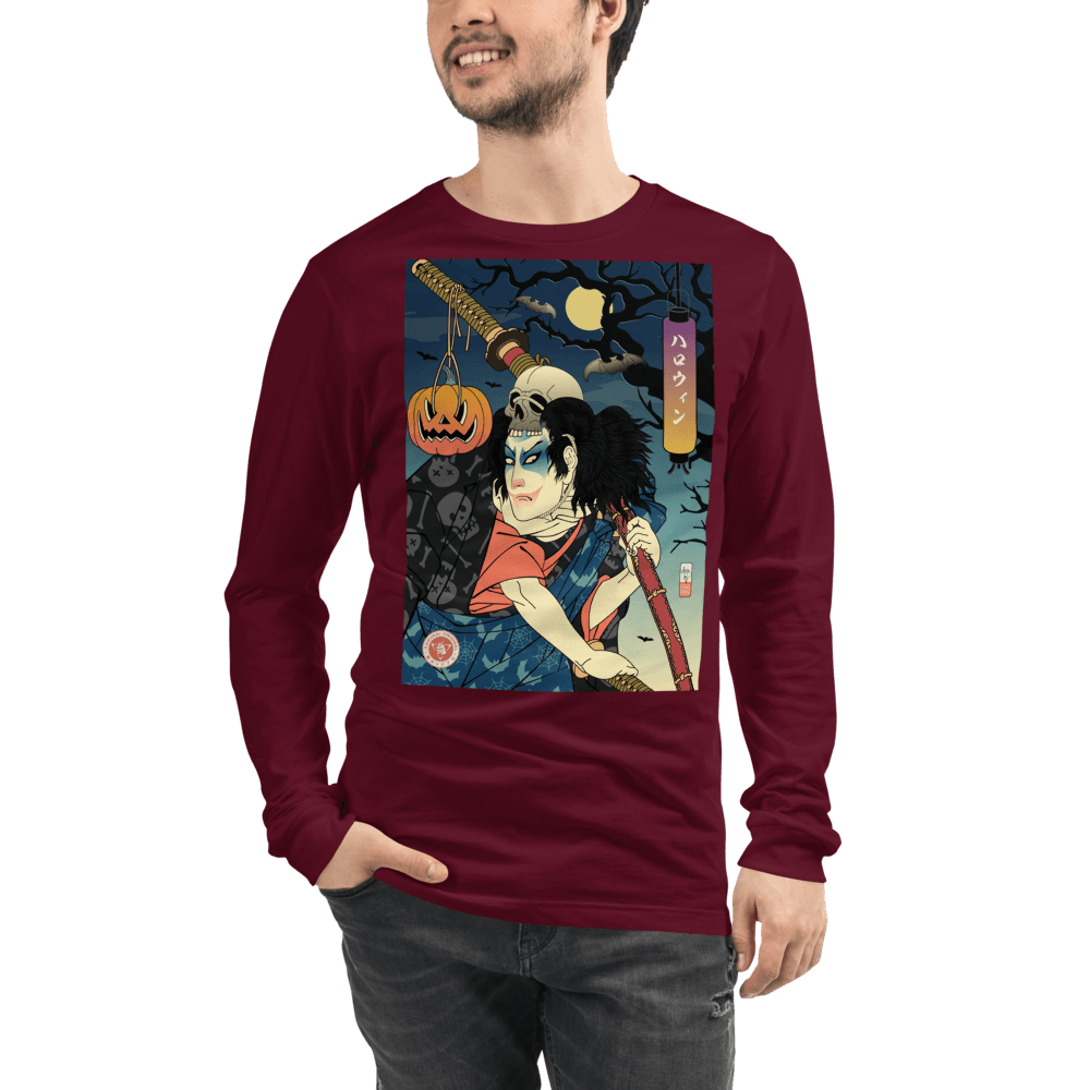 Halloween Samurai Joker Japanese Ukiyo-e Unisex Long Sleeve Tee - Maroon / S