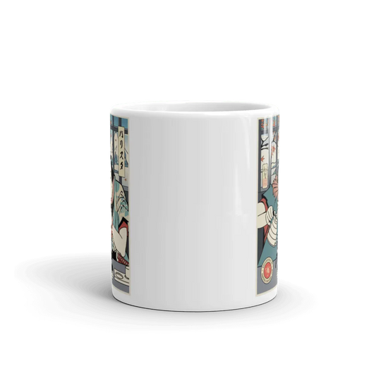 Samurai Barista Coffee Ukiyo-e White Glossy Mug - Samurai Original