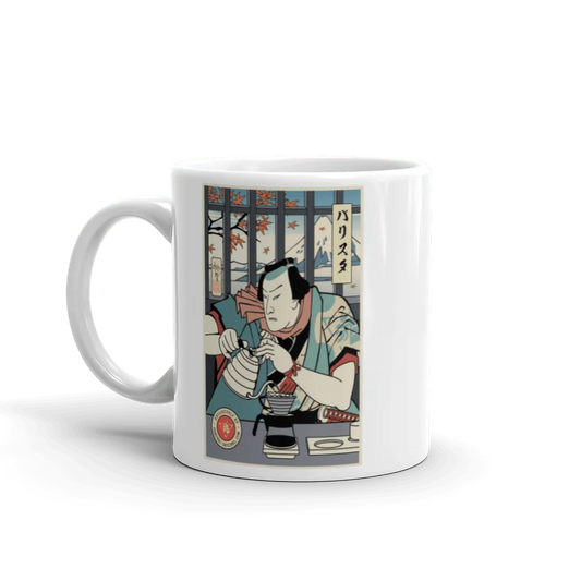 Samurai Barista Coffee Ukiyo-e White Glossy Mug - Samurai Original