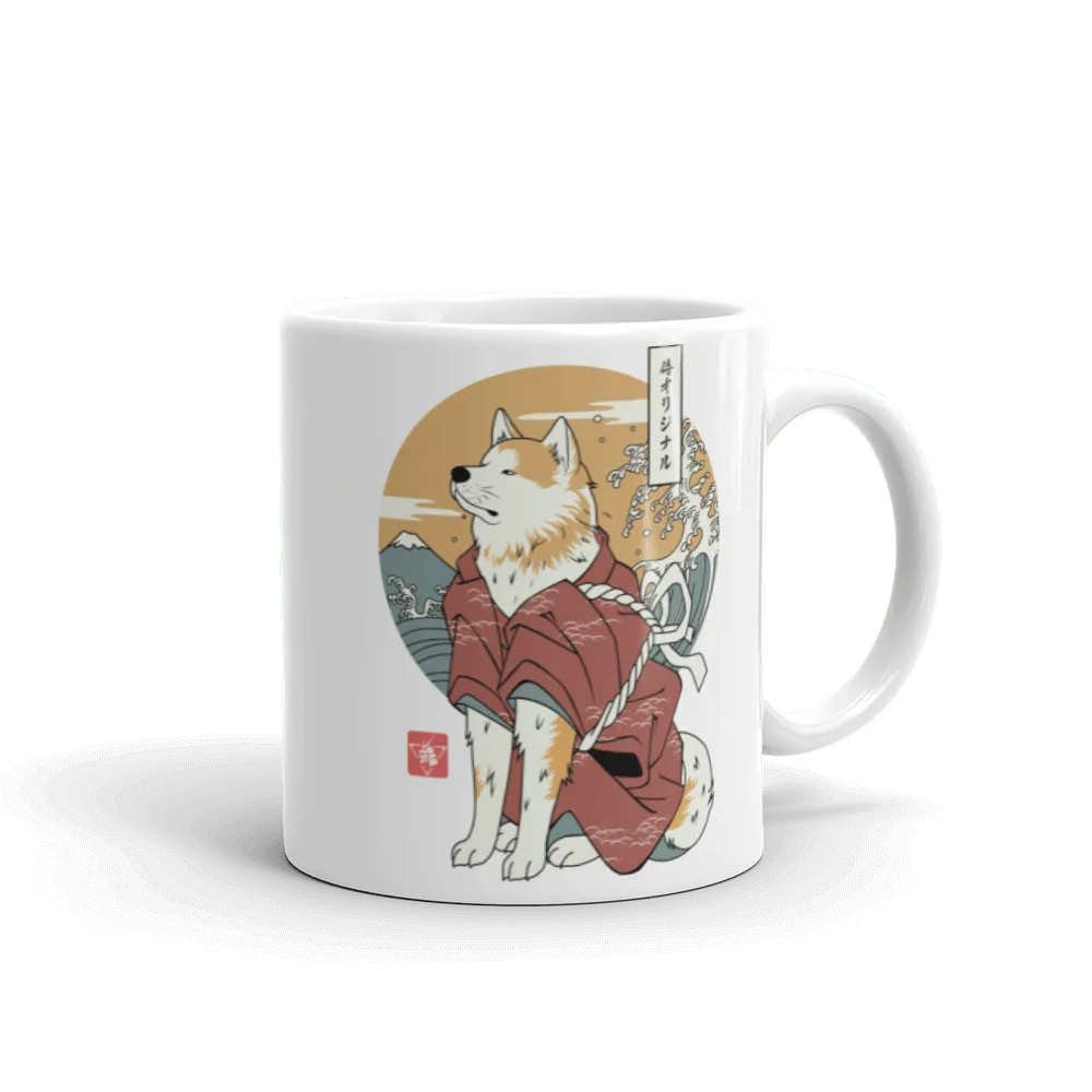 Samurai Dog Akita White Best Friend Funny Ukiyo-e Glossy Mug Samurai Original