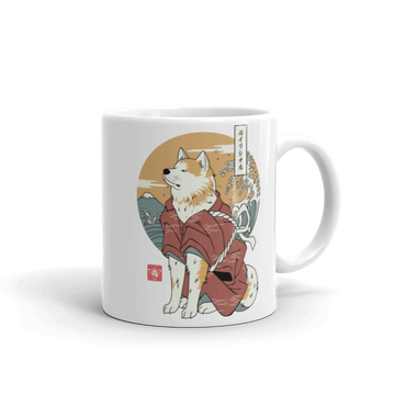 Samurai Dog Akita White Best Friend Funny Ukiyo-e Glossy Mug Samurai Original