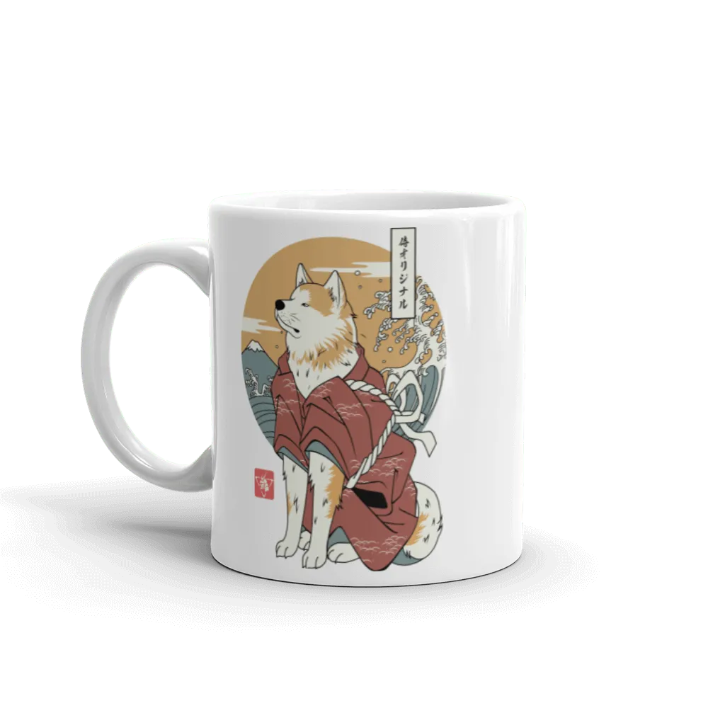 Samurai Dog Akita White Best Friend Funny Ukiyo-e Glossy Mug Samurai Original