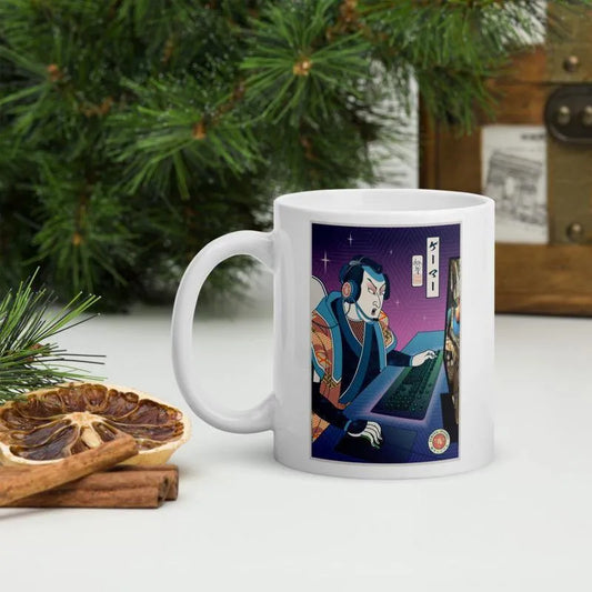 Samurai Gamer Streamer Ukiyo-e White Glossy Mug - Samurai Original