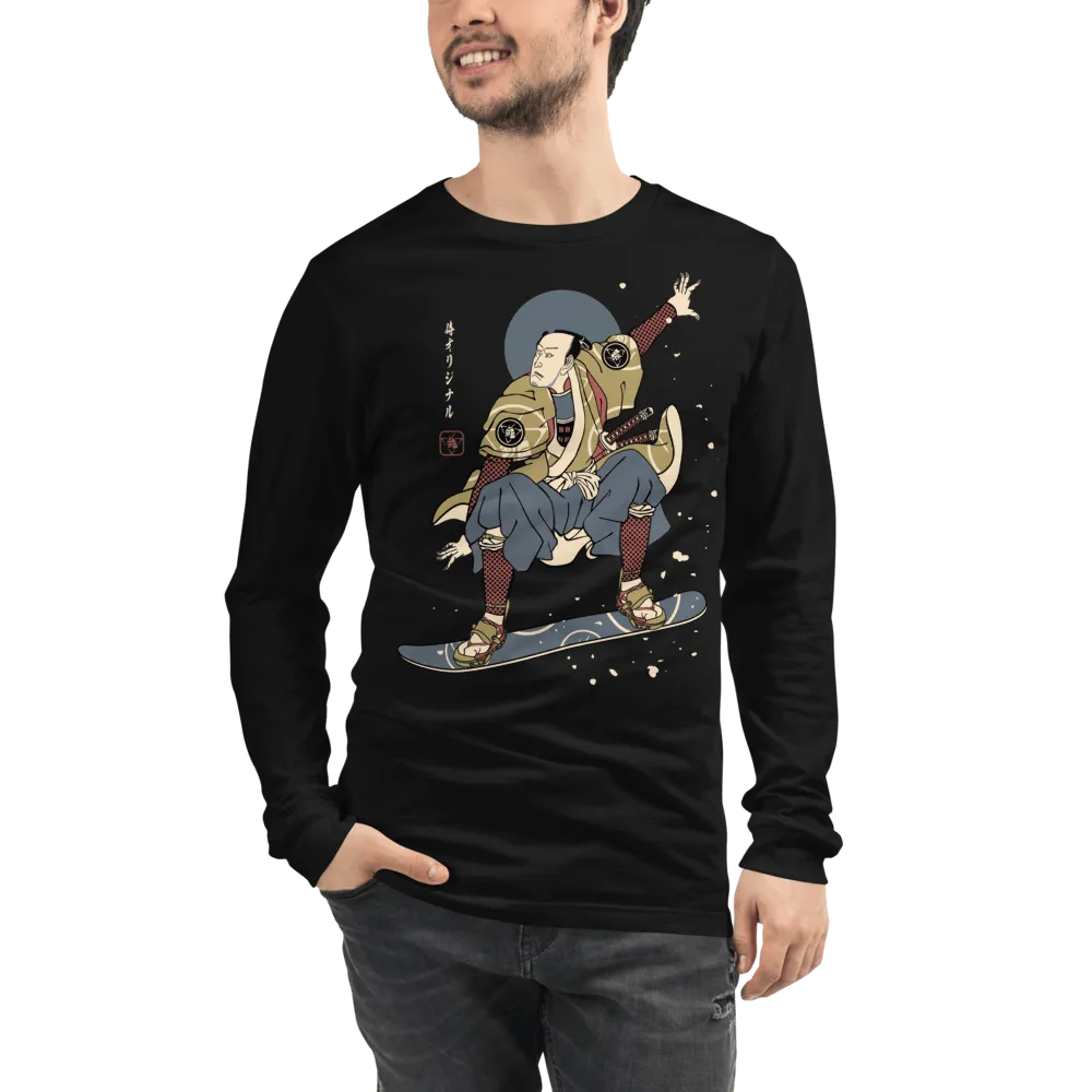 Samurai Snowboard 2 Winter Sport Ukiyo-e Unisex Long Sleeve Tee - Black / XS