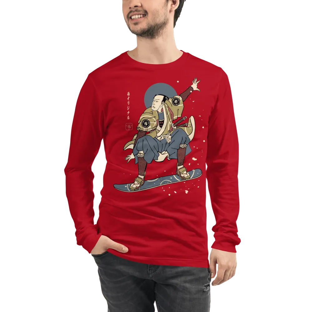 Samurai Snowboard 2 Winter Sport Ukiyo-e Unisex Long Sleeve Tee - Red / XS