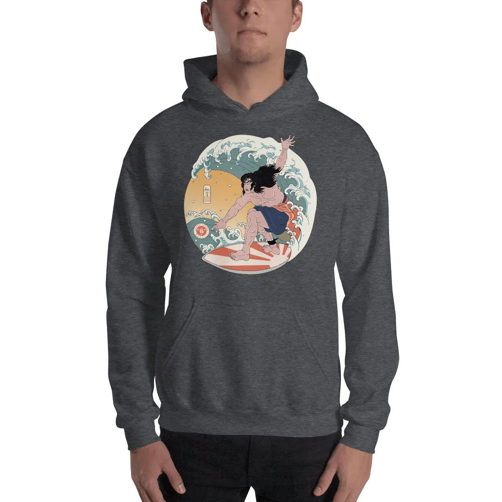 Samurai Surfing 2 Water Sport Ukiyo-e Unisex Hoodie - Dark Heather / S