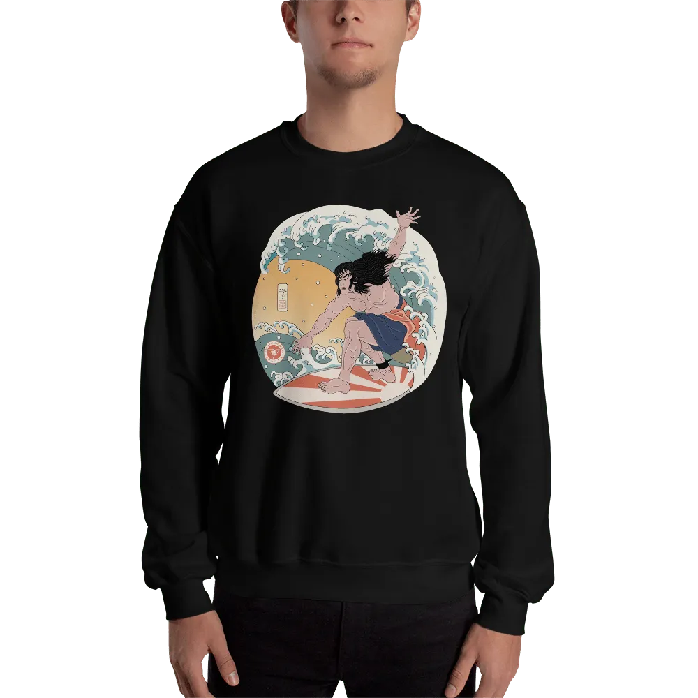 Samurai Surfing 2 Water Sport Ukiyo-e Unisex Sweatshirt - Black / S