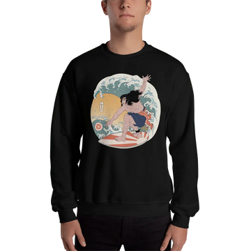 Samurai Surfing 2 Water Sport Ukiyo-e Unisex Sweatshirt - Black / S