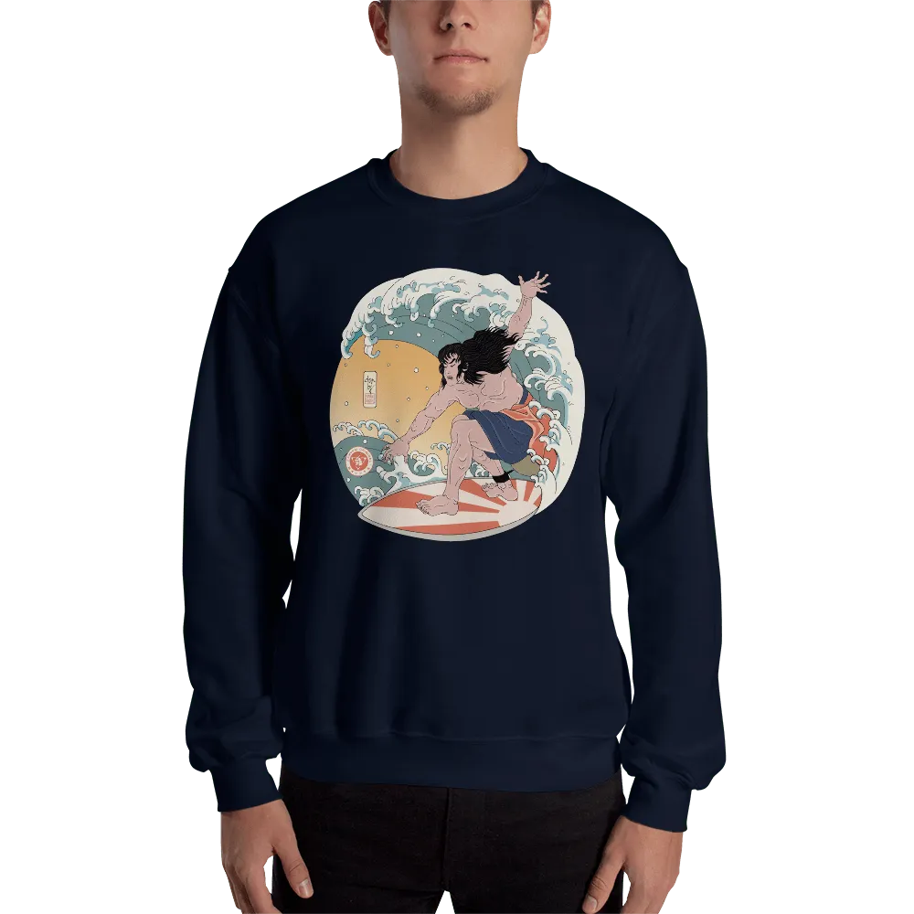 Samurai Surfing 2 Water Sport Ukiyo-e Unisex Sweatshirt - Navy / S