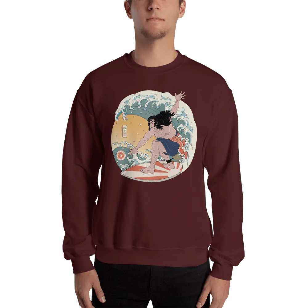 Samurai Surfing 2 Water Sport Ukiyo-e Unisex Sweatshirt - Maroon / S