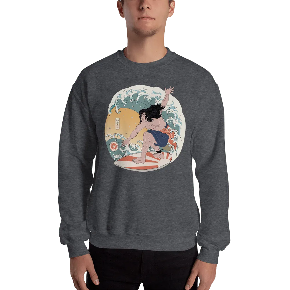 Samurai Surfing 2 Water Sport Ukiyo-e Unisex Sweatshirt - Dark Heather / S