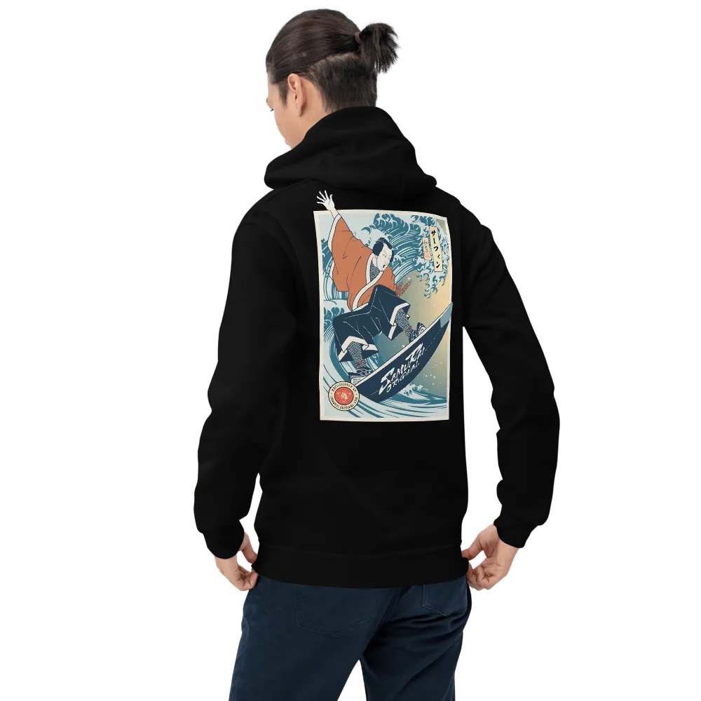 Samurai Surfing Water Sport Ukiyo-e Unisex Hoodie - Black / S