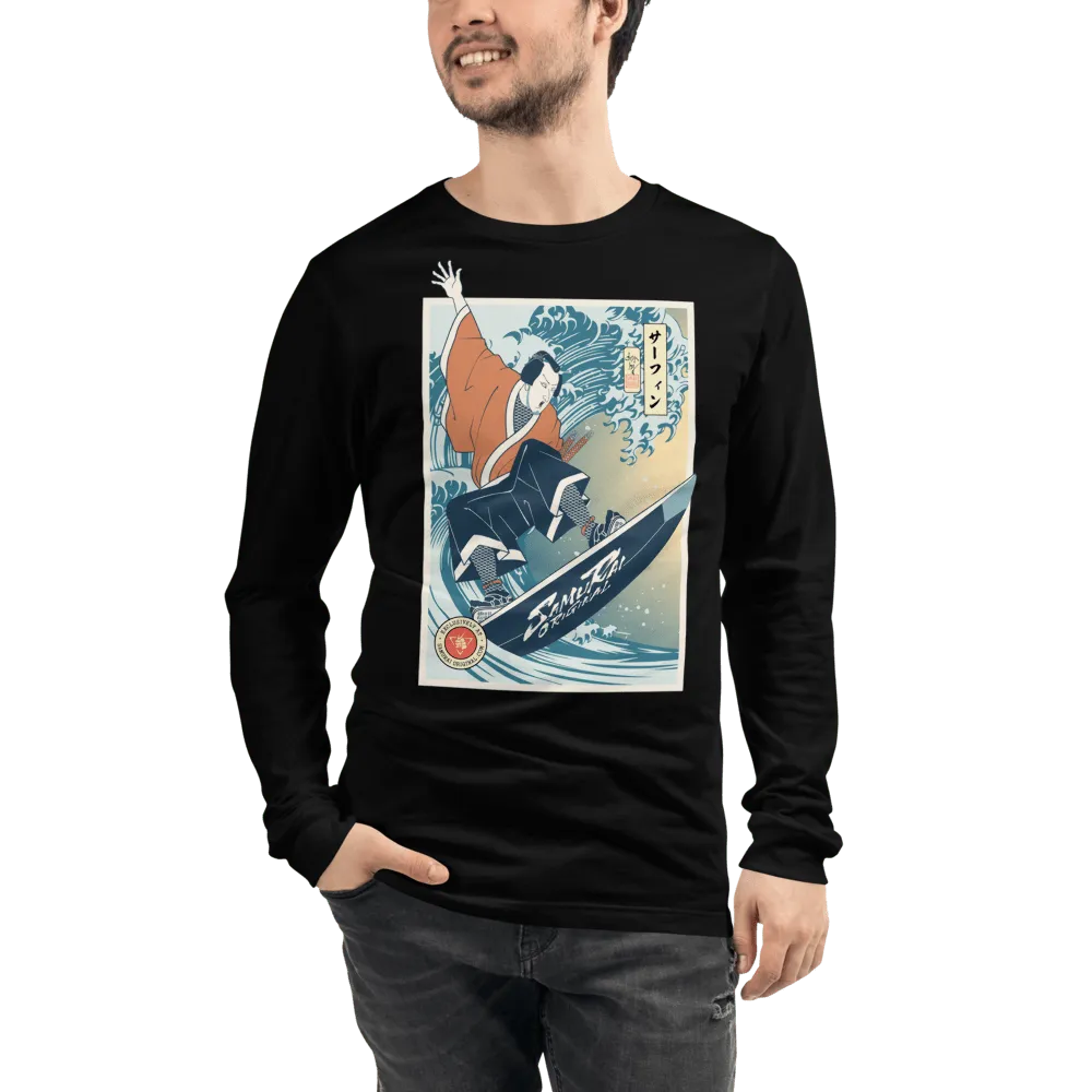 Samurai Surfing Water Sport Ukiyo-e Unisex Long Sleeve Tee - Black / XS